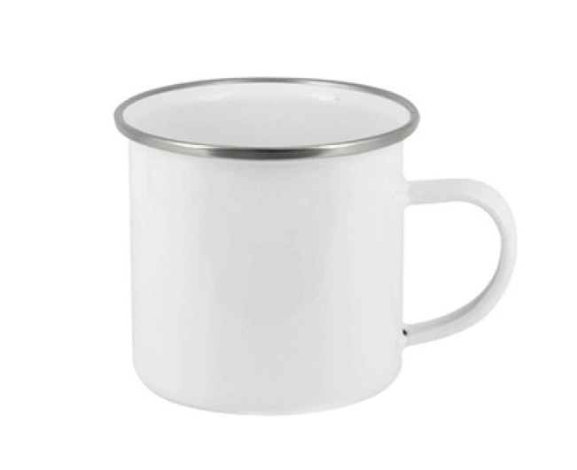 ENAMEL MUG 12oz WHITE + SILVER rim